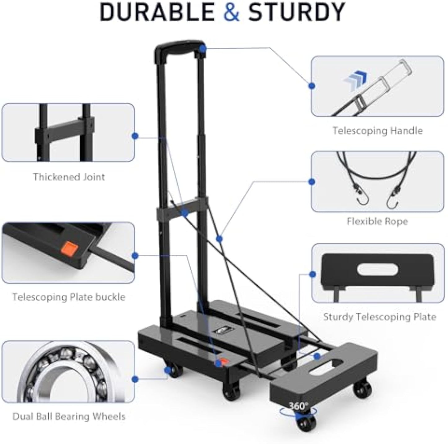 SPACEKEEPER Folding Hand Truck, 500 LB Heavy Duty Luggage Cart